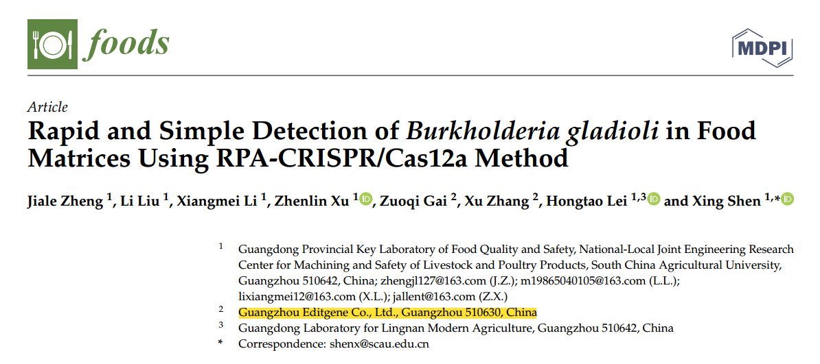 华南农业大学的沈兴课题组团结尊龙凯时基因在《Foods》上揭晓了题为“Rapid and Simple Detection of Burkholderia gladioli in Food Matrices Using RPA-CRISPR/Cas12a Method”的文章